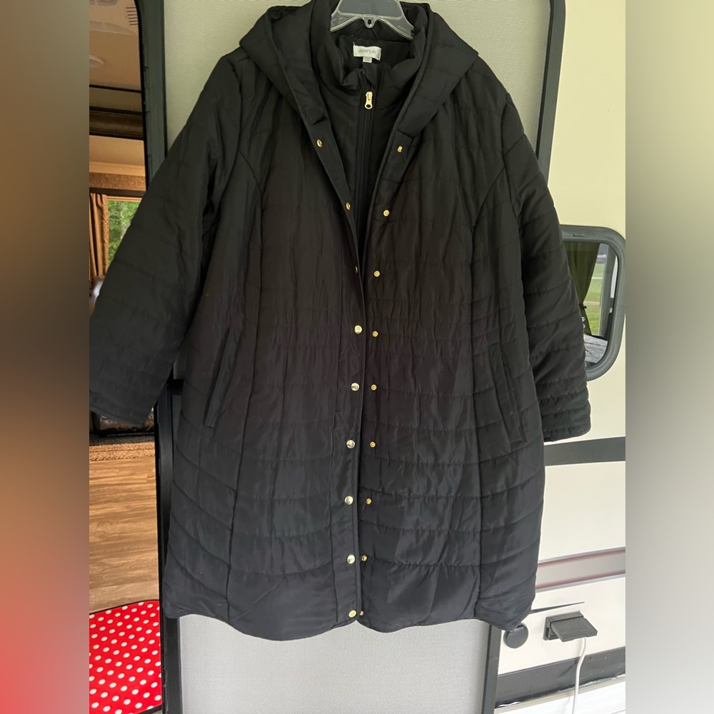 Black long hooded winter jacket.